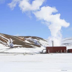 A geothermal power plant producing clean geothermal energy.