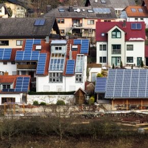 Buildings with photovoltaic panels installed.