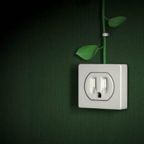 A picture showing a power outlet with leaves representing energy conservation.