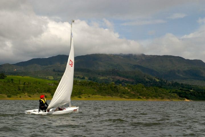 A yacht that is using the wind's energy to sail.