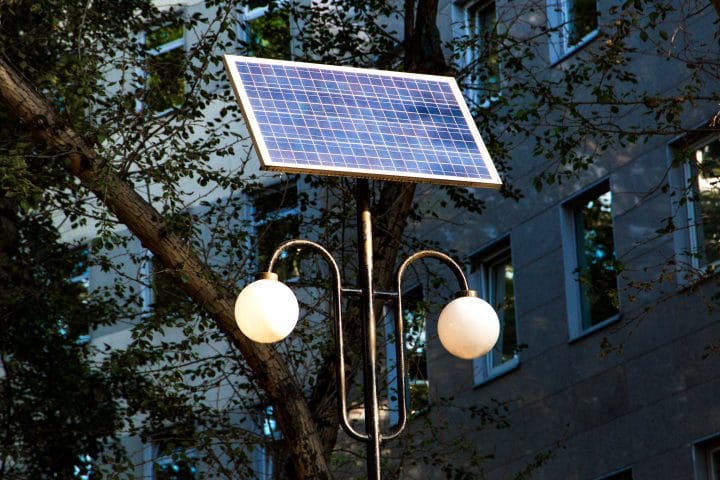 Outdoor solar street lighting installed in a public area.