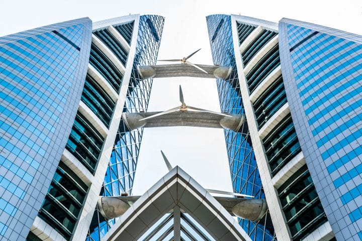 Wind turbines on the World Trade Center in Bahrain.