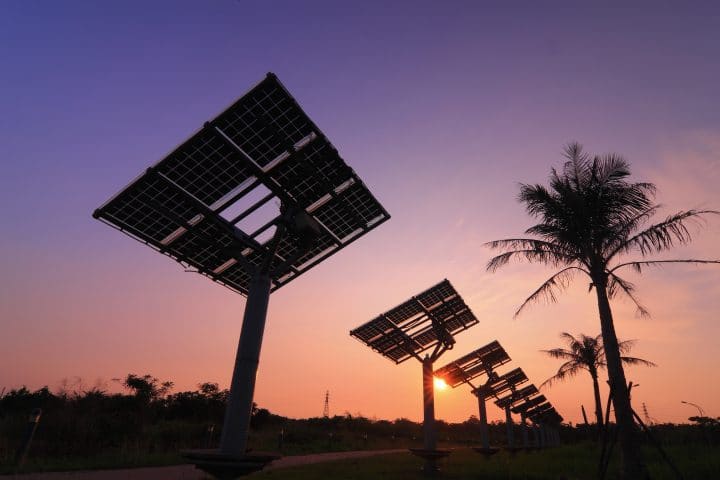 Solar panels before a beautiful sunset.