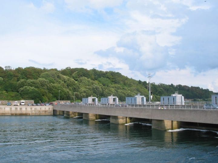 A tidal barrage power station built across the Rance river in France.