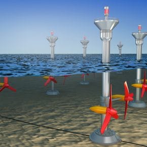 A tidal power system comprising of tidal stream turbines.