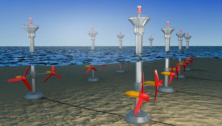 A tidal turbine generating power from the tides.